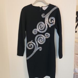 Vintage Adrienne Vittadini 100% Wool Black and Silver Sequin Dress Size M